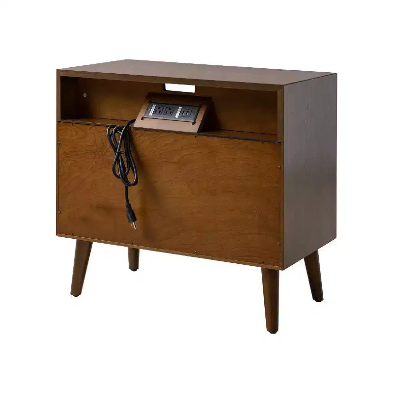 Tavolino finale Margery Mid-century Modern con 2 cassetti, prese integrate, gestione cavi e ripiano aperto