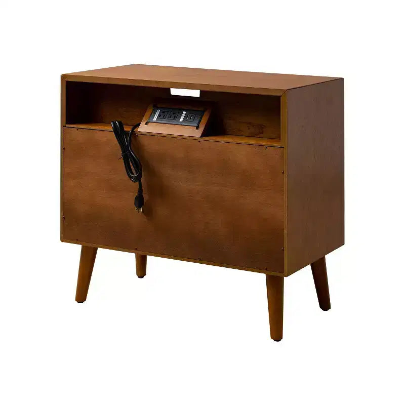 Tavolino finale Margery Mid-century Modern con 2 cassetti, prese integrate, gestione cavi e ripiano aperto