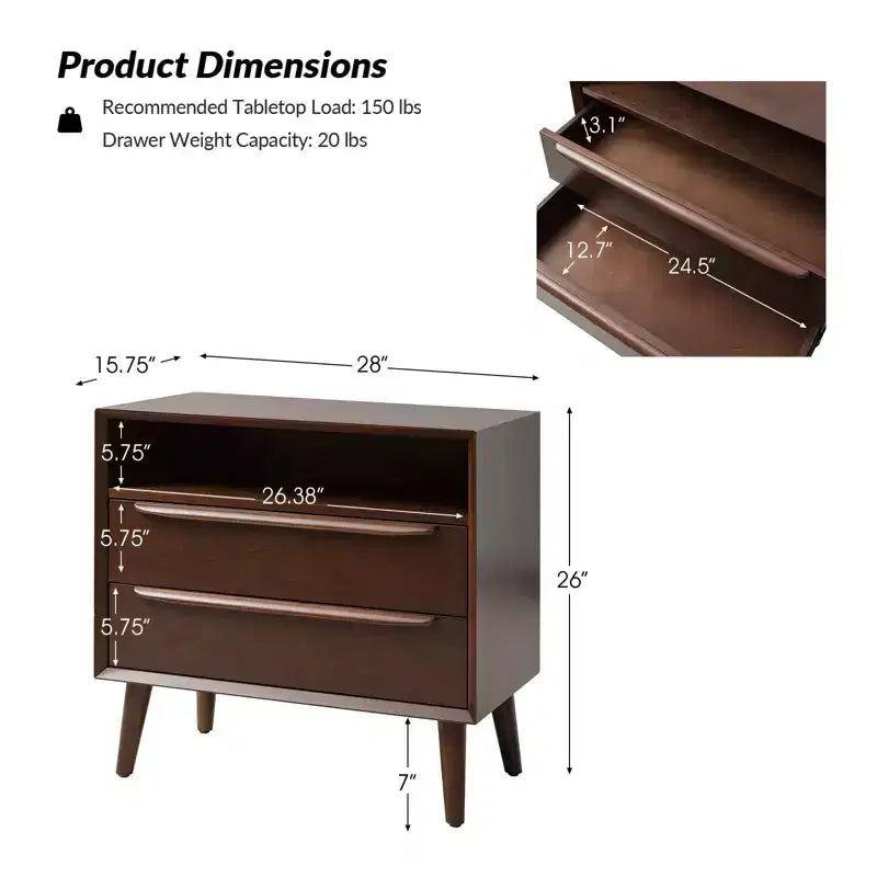 Tavolino finale Margery Mid-century Modern con 2 cassetti, prese integrate, gestione cavi e ripiano aperto