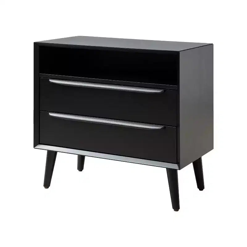 Tavolino finale Margery Mid-century Modern con 2 cassetti, prese integrate, gestione cavi e ripiano aperto
