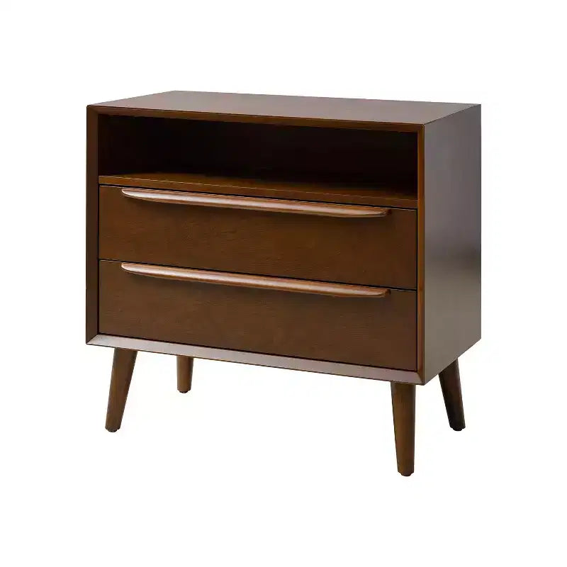 Tavolino finale Margery Mid-century Modern con 2 cassetti, prese integrate, gestione cavi e ripiano aperto