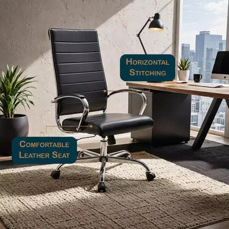 Sedia da ufficio Benmar in pelle a costine con schienale alto - Sedia da scrivania direzionale moderna girevole e inclinabile - Base cromata