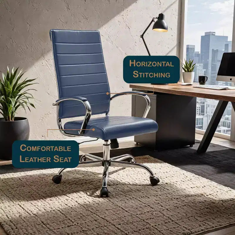 Sedia da ufficio Benmar in pelle a costine con schienale alto - Sedia da scrivania direzionale moderna girevole e inclinabile - Base cromata
