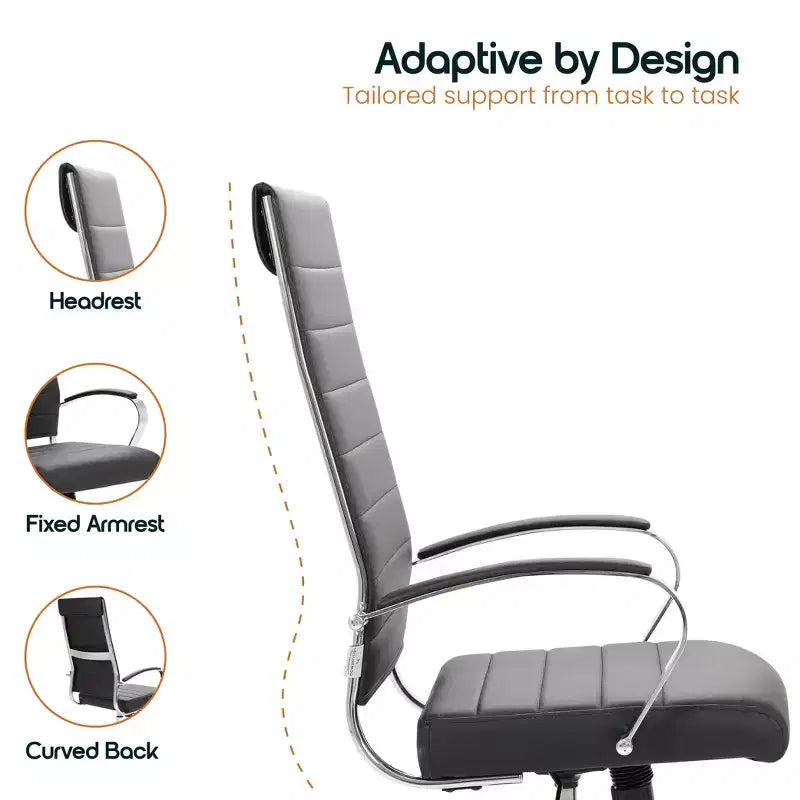 Sedia da ufficio Benmar in pelle a costine con schienale alto - Sedia da scrivania direzionale moderna girevole e inclinabile - Base cromata